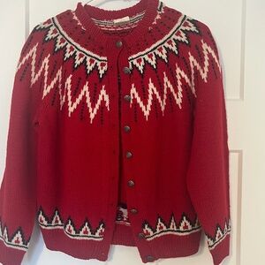 CJ VIKING Genser Denmark Hand Knit 100% Wool S/M Red Fair Isle Cardigan Vintage